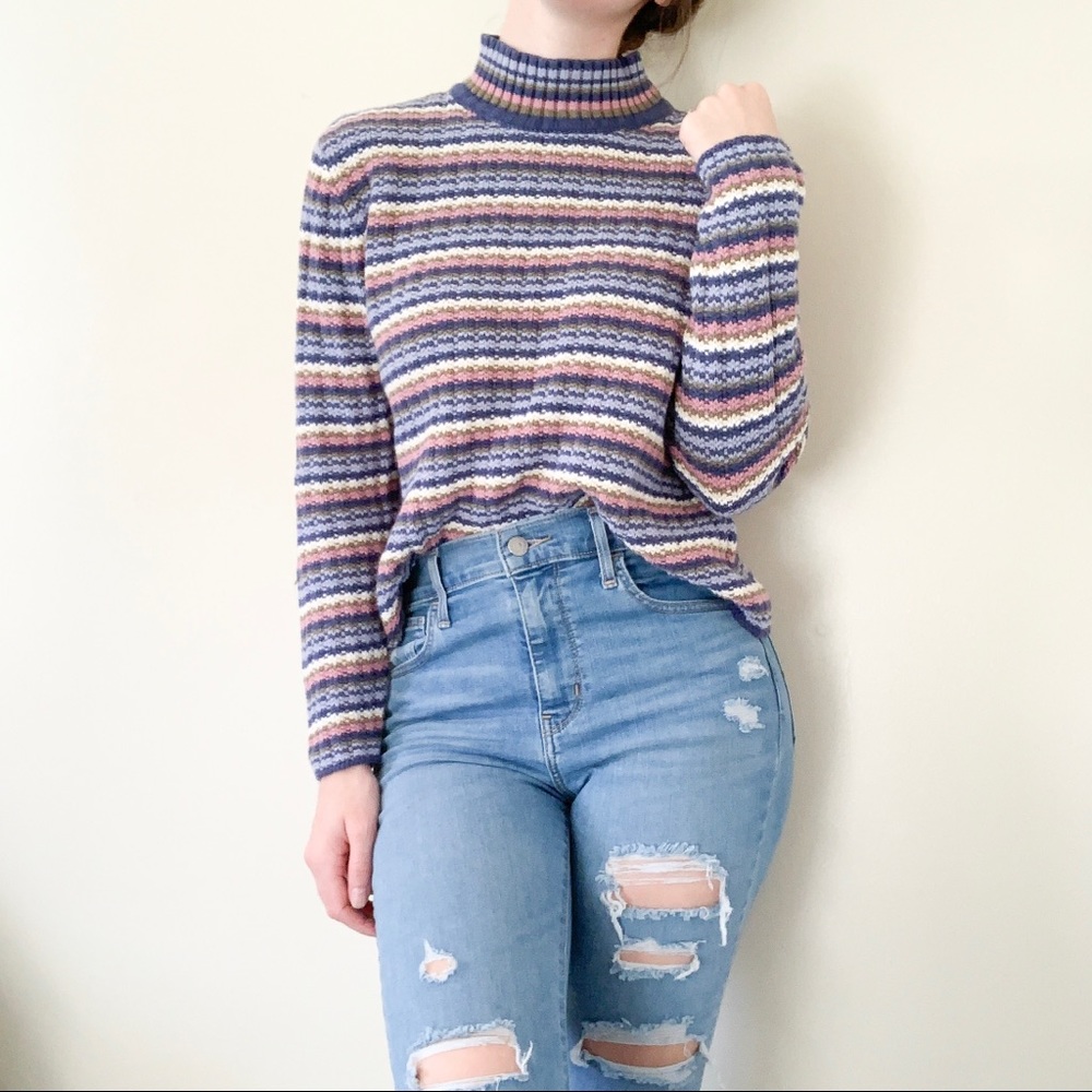Cropped Knitted Striped Turtleneck Sweater…
